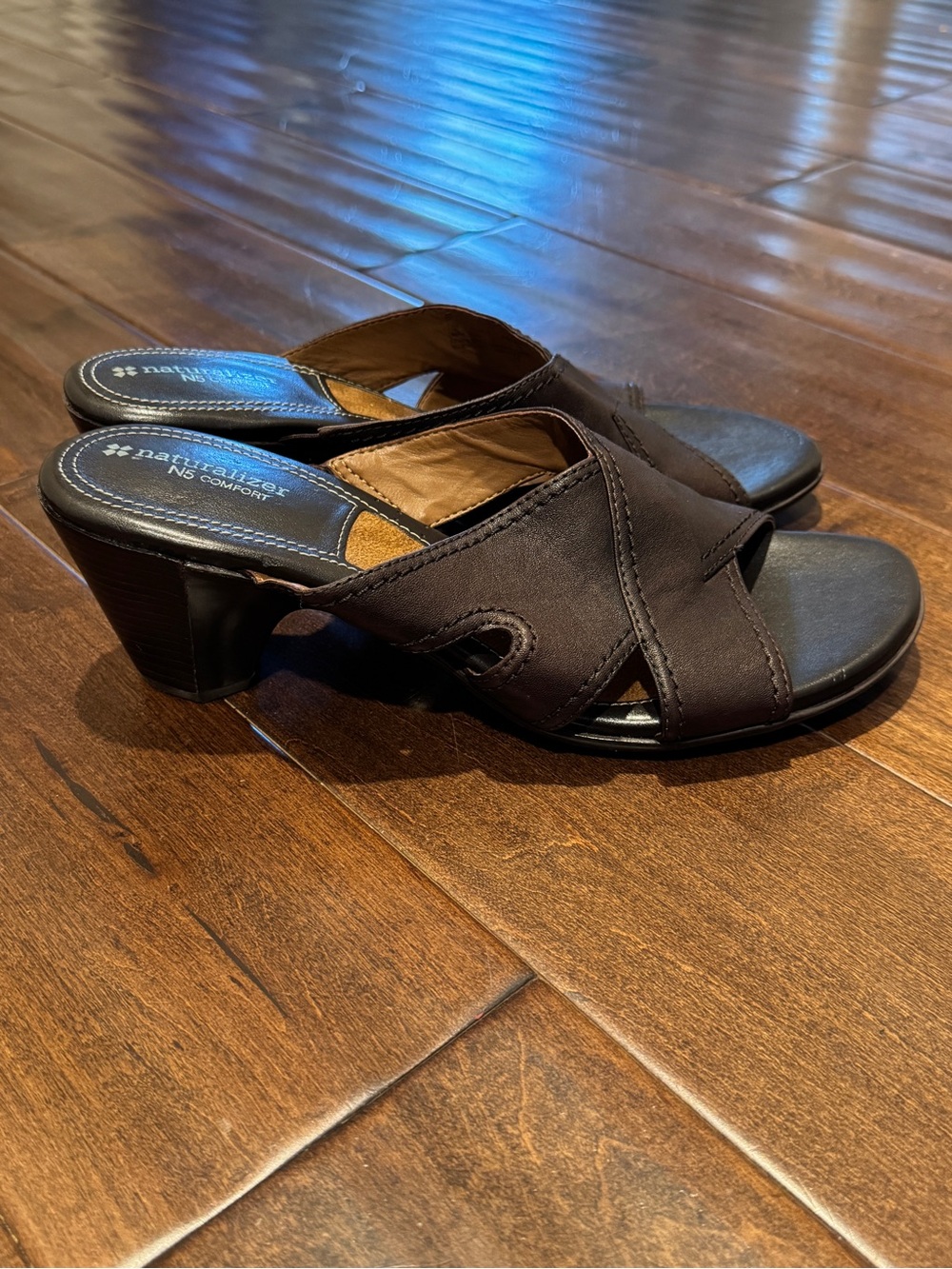 Naturalizer Dark Brown Leather Upper Crisscross Slide Sandals - Picture 2 of 9